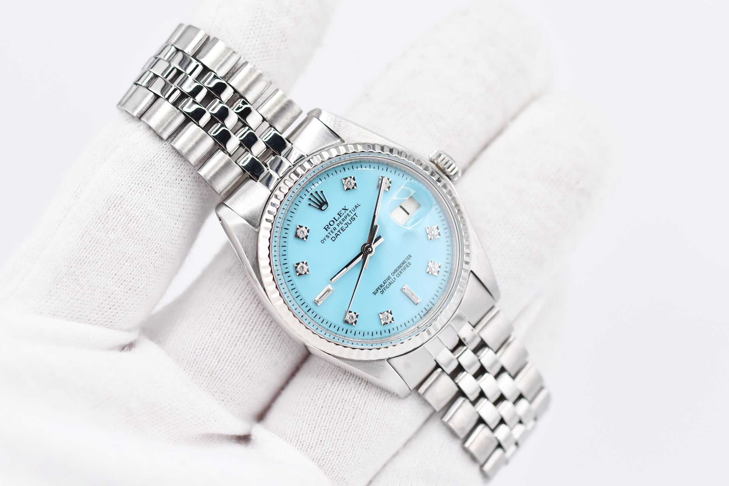 Rolex Datejust 36mm Ref 1601 Custom Baby Blue Baguette Diamond 