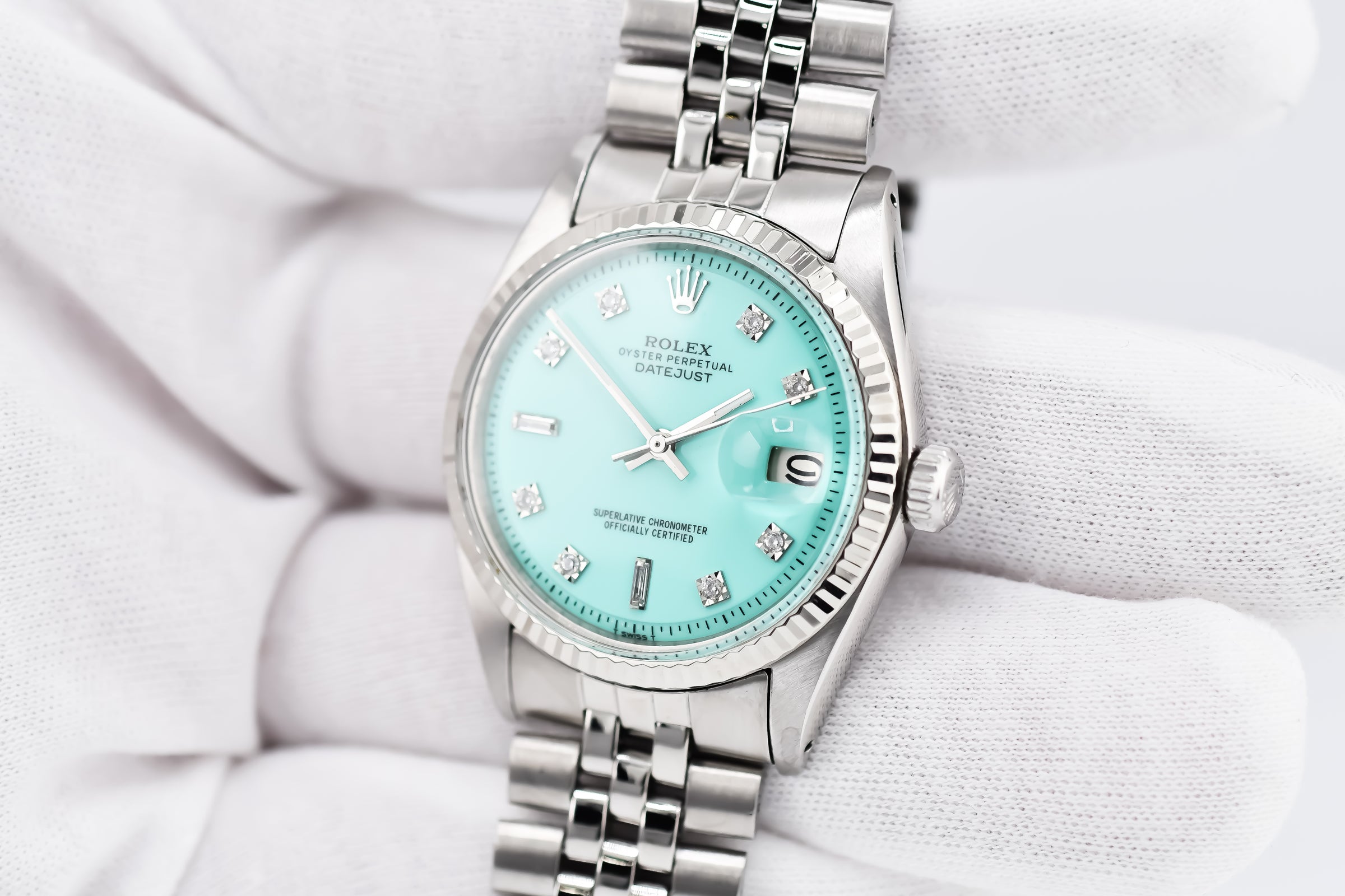 Rolex Datejust 36mm Ref 1601 Custom Tiffany Blue Baguette Diamond