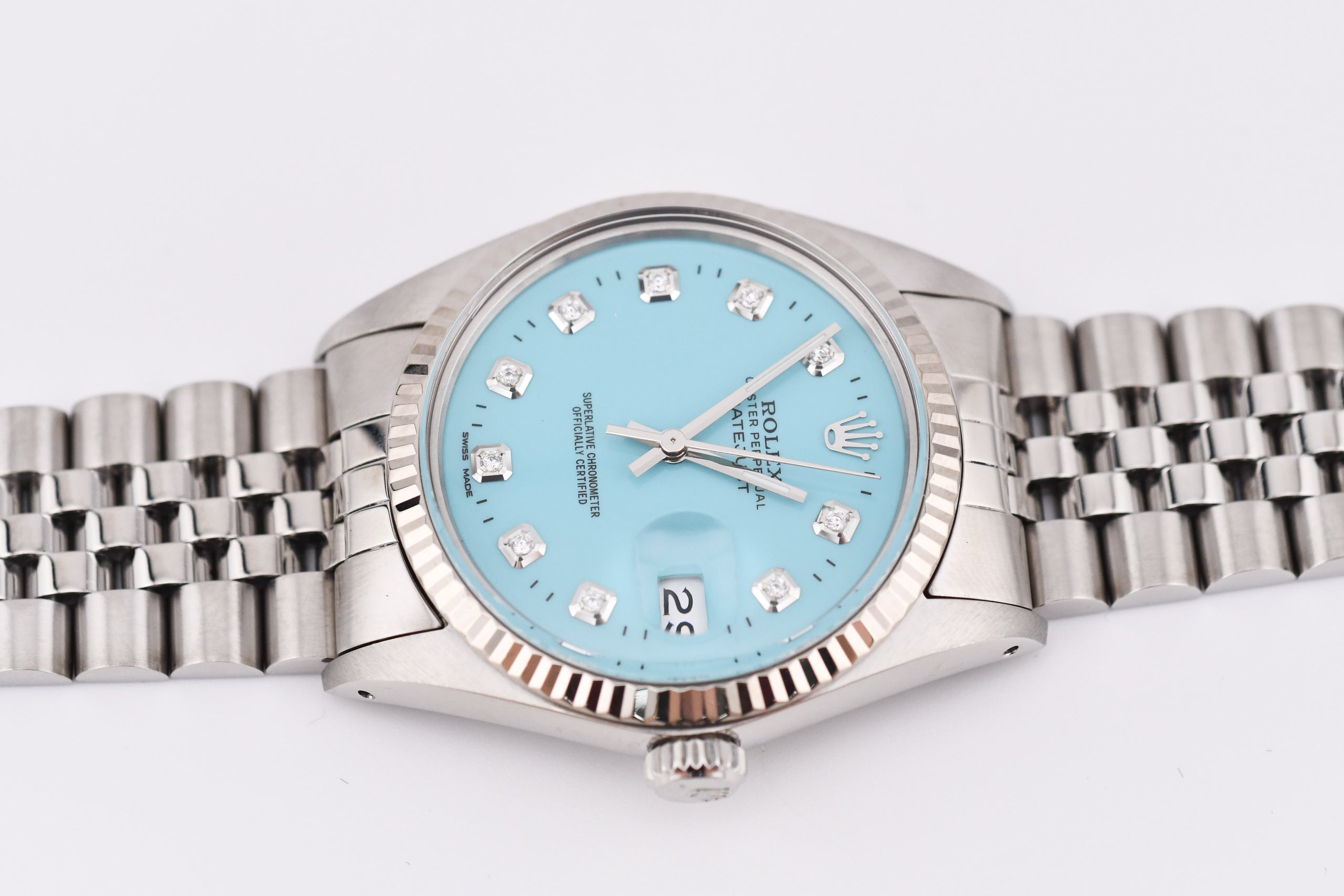 Rolex men's datejust two tone fluted custom blue diamond dial cheap