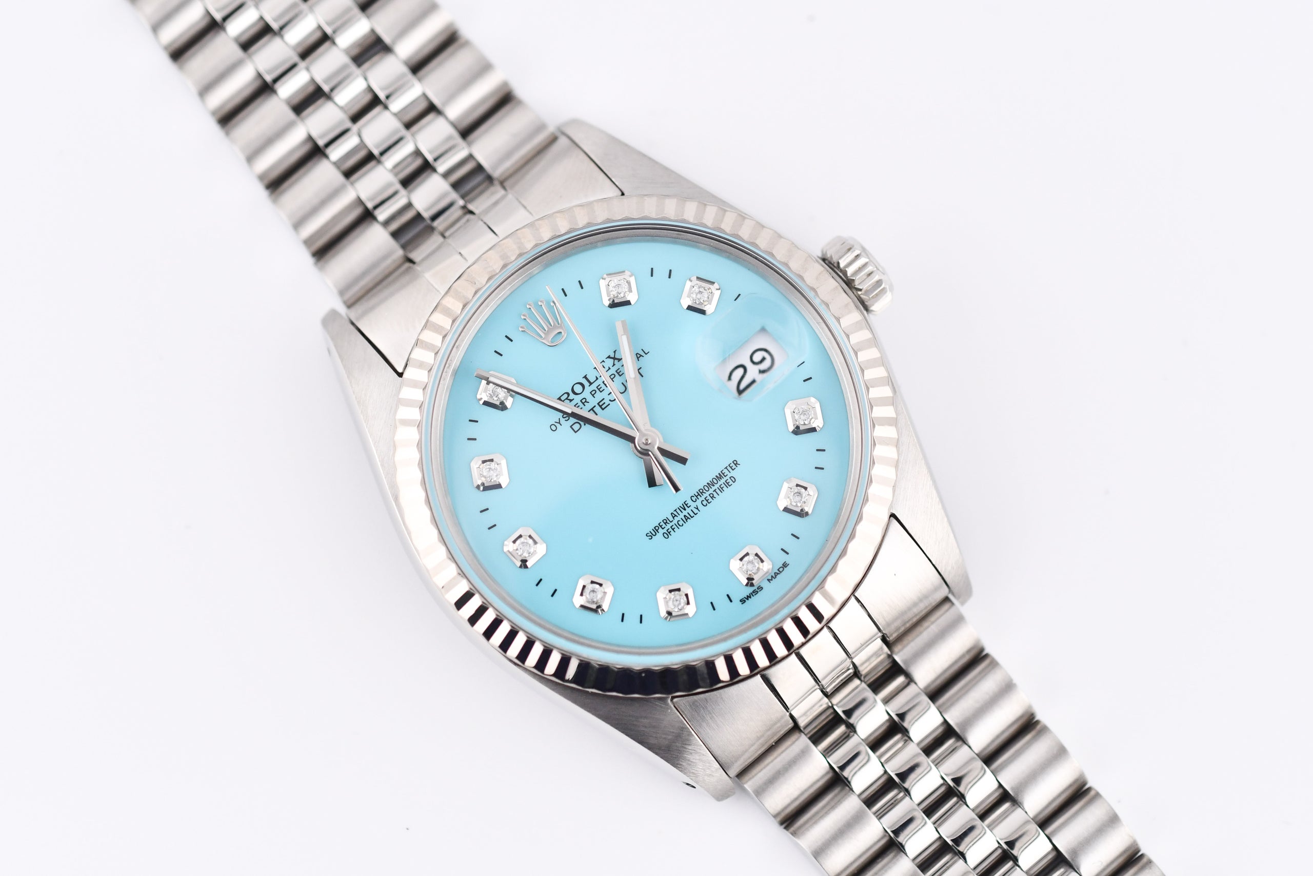 Rolex Datejust 36mm Ref 16014 Custom Baby Blue Diamond Dial WatchCenter LLC